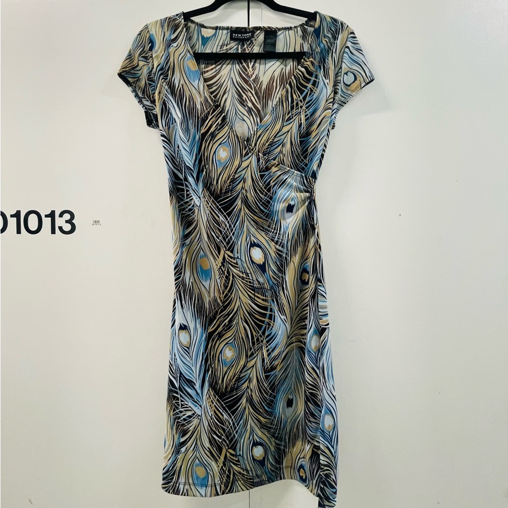 vintage y2k new york and co peacock print faux wrap dress